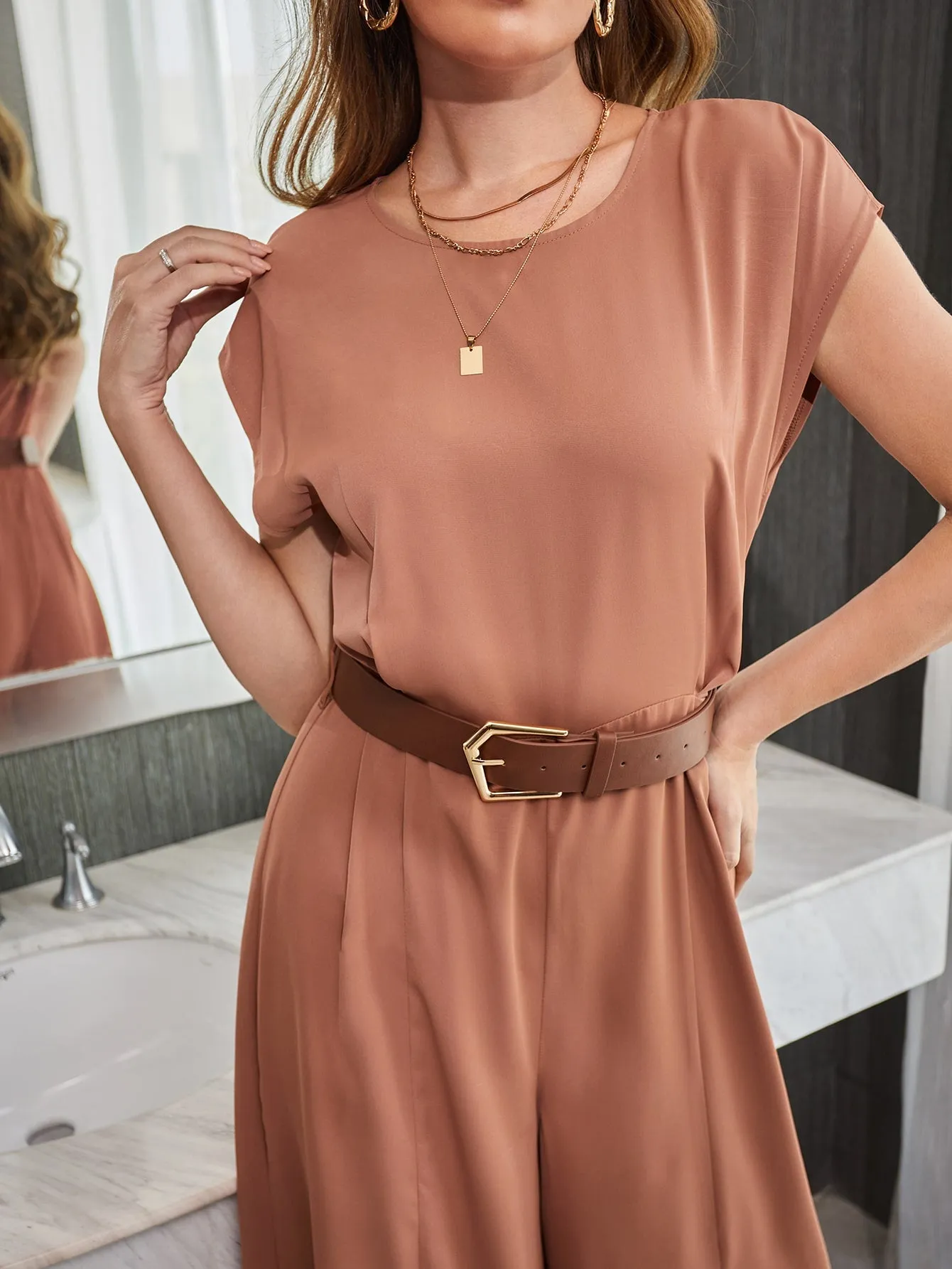 Elegant Plain Split Cap Sleeve Round Neck High Waist Long Women Jumpsuit