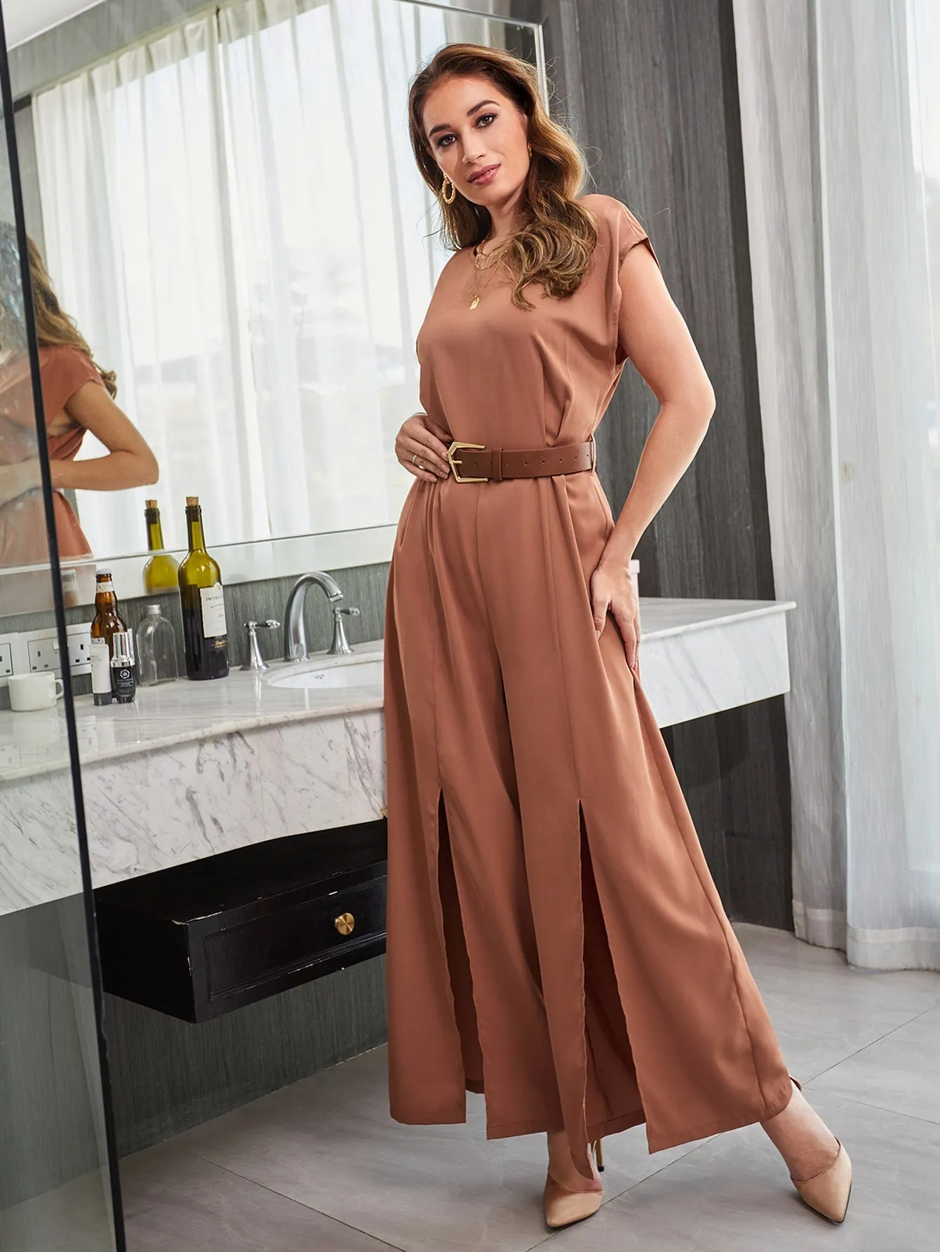 Elegant Plain Split Cap Sleeve Round Neck High Waist Long Women Jumpsuit