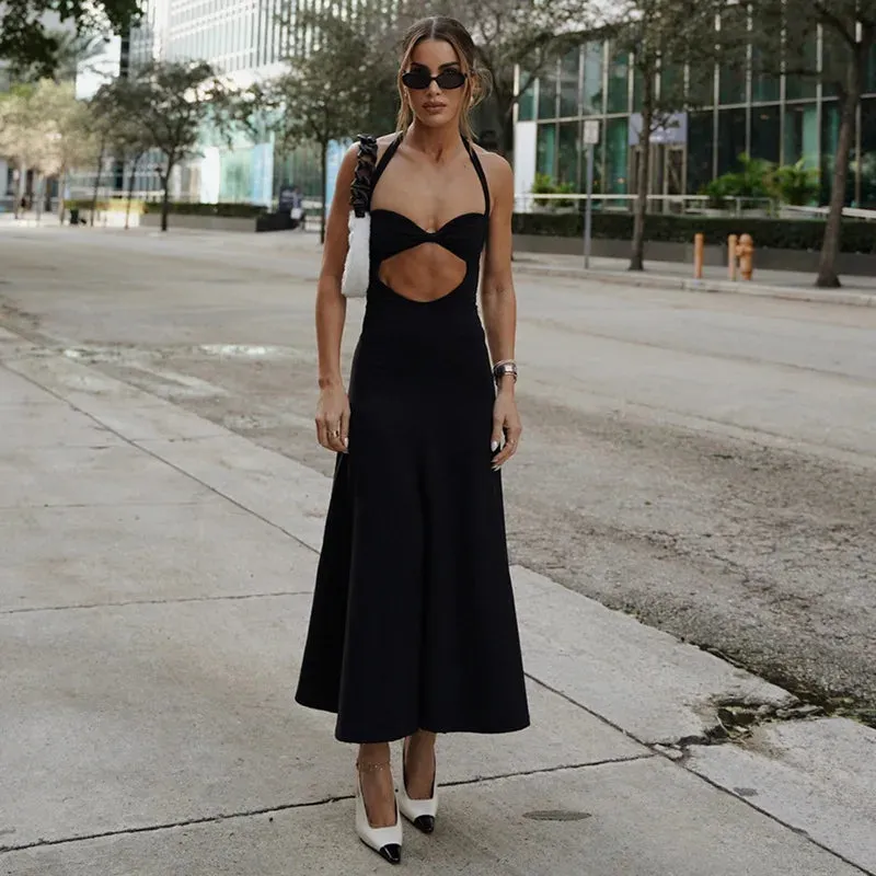 Elegant Sexy Backless Long Club Party Outfits Women Sleeveless Halter Black Gown Dress