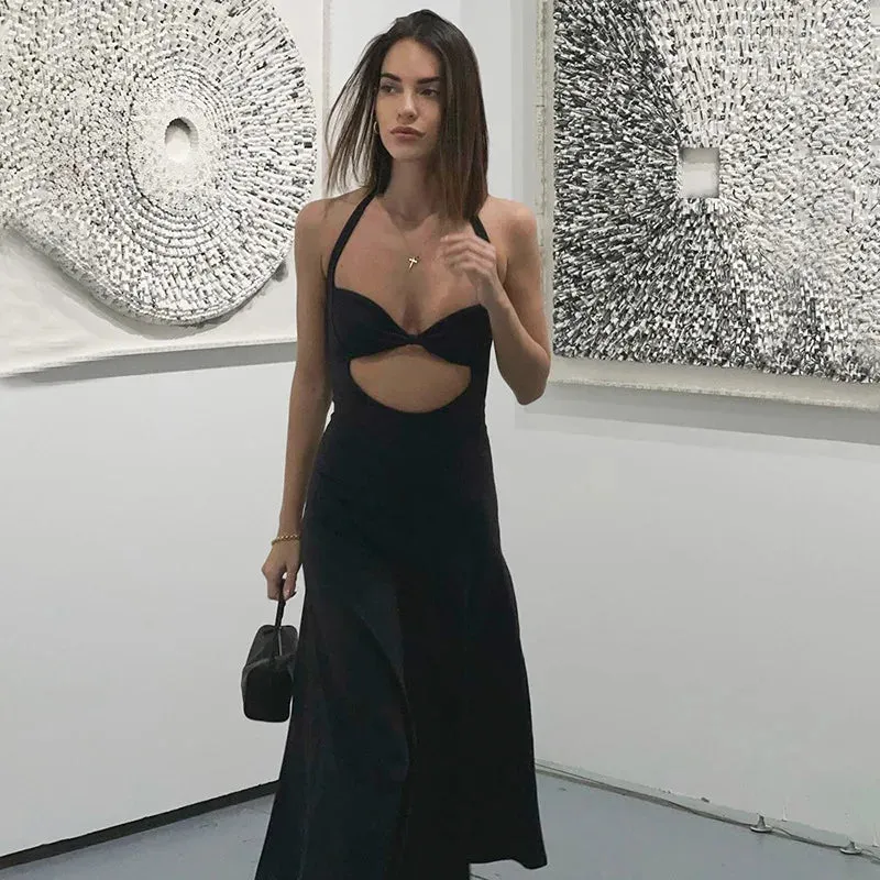 Elegant Sexy Backless Long Club Party Outfits Women Sleeveless Halter Black Gown Dress