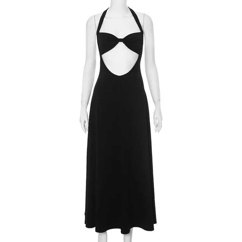 Elegant Sexy Backless Long Club Party Outfits Women Sleeveless Halter Black Gown Dress