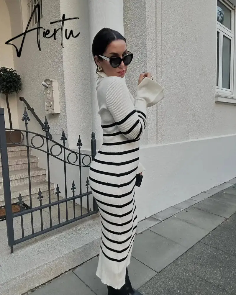 Fall Winter Long Sleeve Knitted Sweaters Dress for Women Elegant Outfits Deep V Neck Maxi Dresses Jersey Clothes