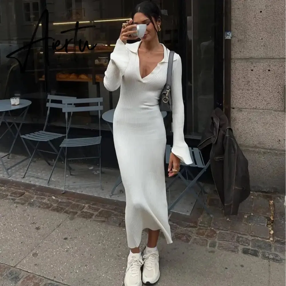 Fall Winter Long Sleeve Knitted Sweaters Dress for Women Elegant Outfits Deep V Neck Maxi Dresses Jersey Clothes