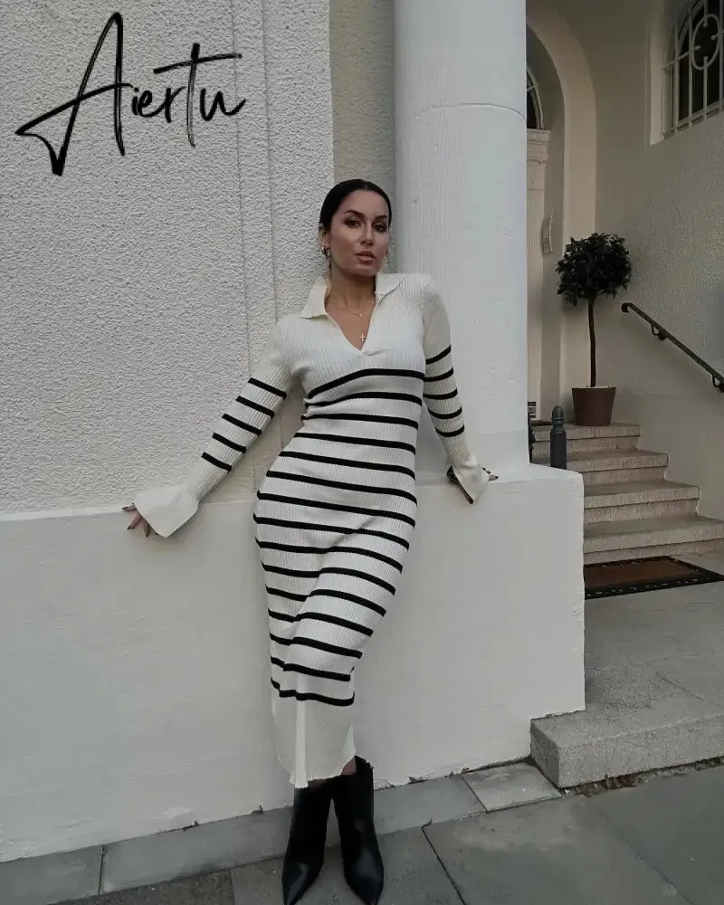 Fall Winter Long Sleeve Knitted Sweaters Dress for Women Elegant Outfits Deep V Neck Maxi Dresses Jersey Clothes