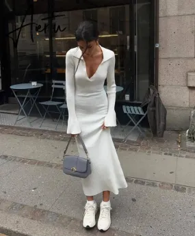 Fall Winter Long Sleeve Knitted Sweaters Dress for Women Elegant Outfits Deep V Neck Maxi Dresses Jersey Clothes
