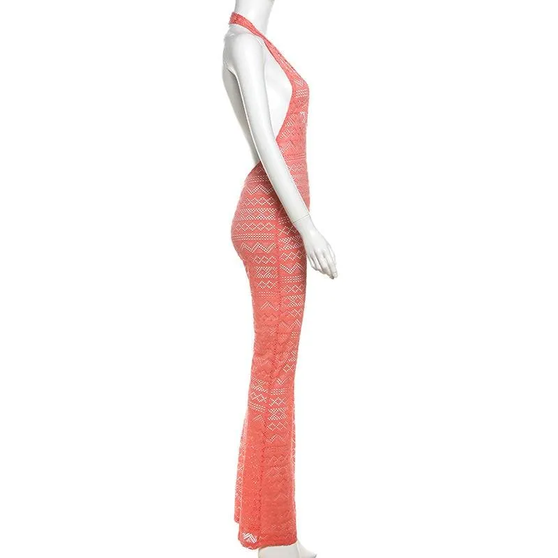 Halter low cut hollow out see through backless jumpsuit