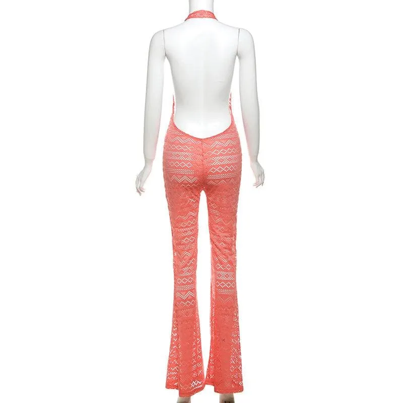 Halter low cut hollow out see through backless jumpsuit