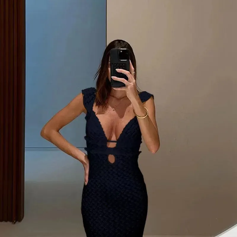 High V Waist Holiday Deep 2024 Slim Sexy Knitted Elegant Neck Sleeveless Dress