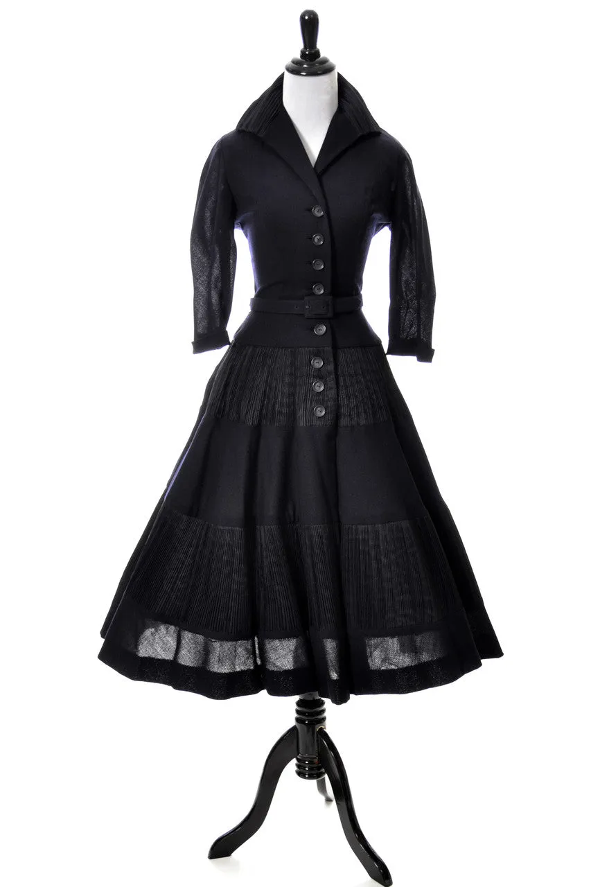 Incredible Mollie Parnis 1950s pleated navy blue perfection dress