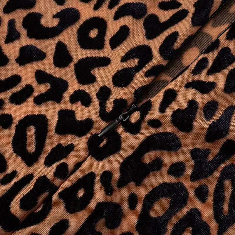 Leopard print high neck gloves zip-up jumpsuit