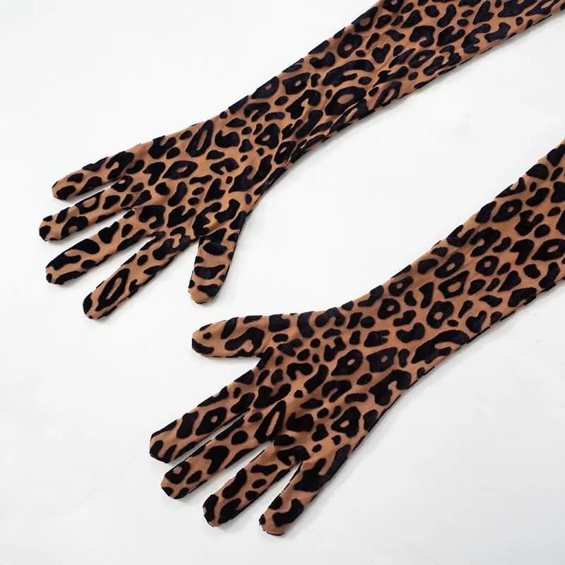 Leopard print high neck gloves zip-up jumpsuit