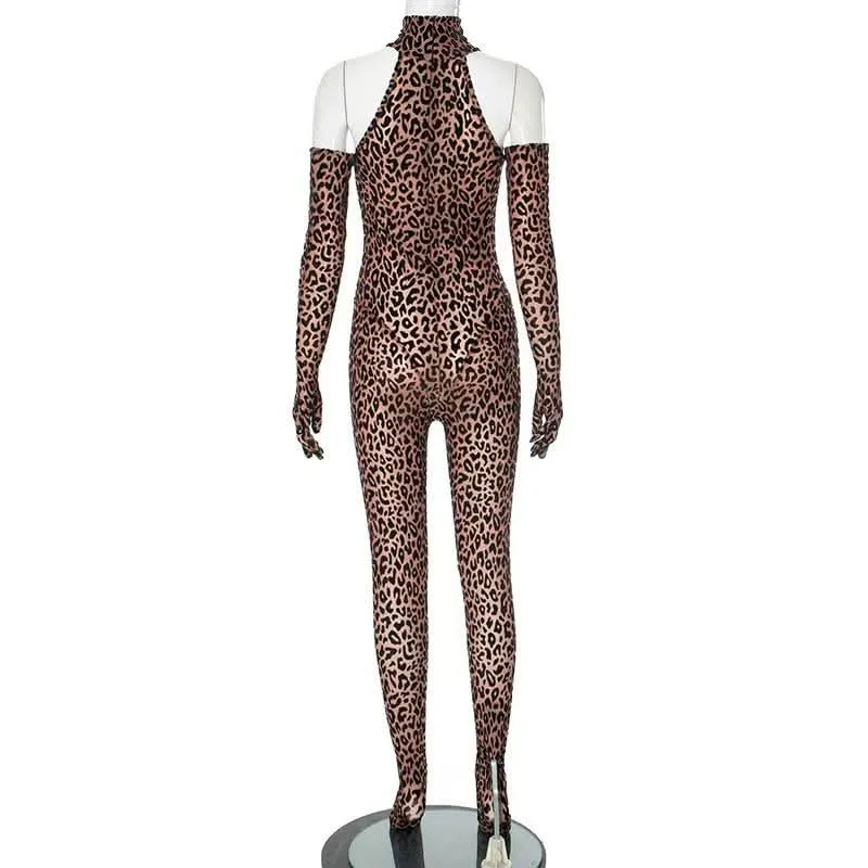 Leopard print high neck gloves zip-up jumpsuit