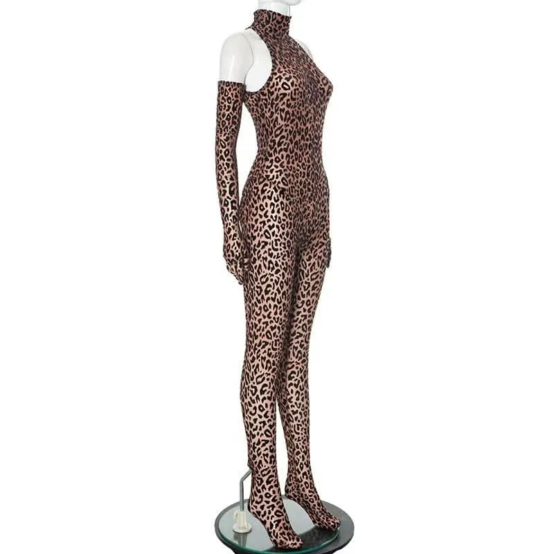 Leopard print high neck gloves zip-up jumpsuit
