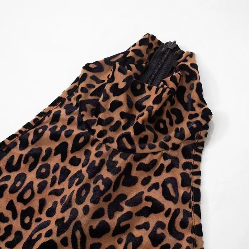 Leopard print high neck gloves zip-up jumpsuit