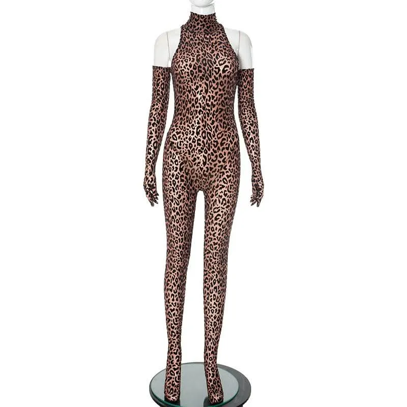 Leopard print high neck gloves zip-up jumpsuit