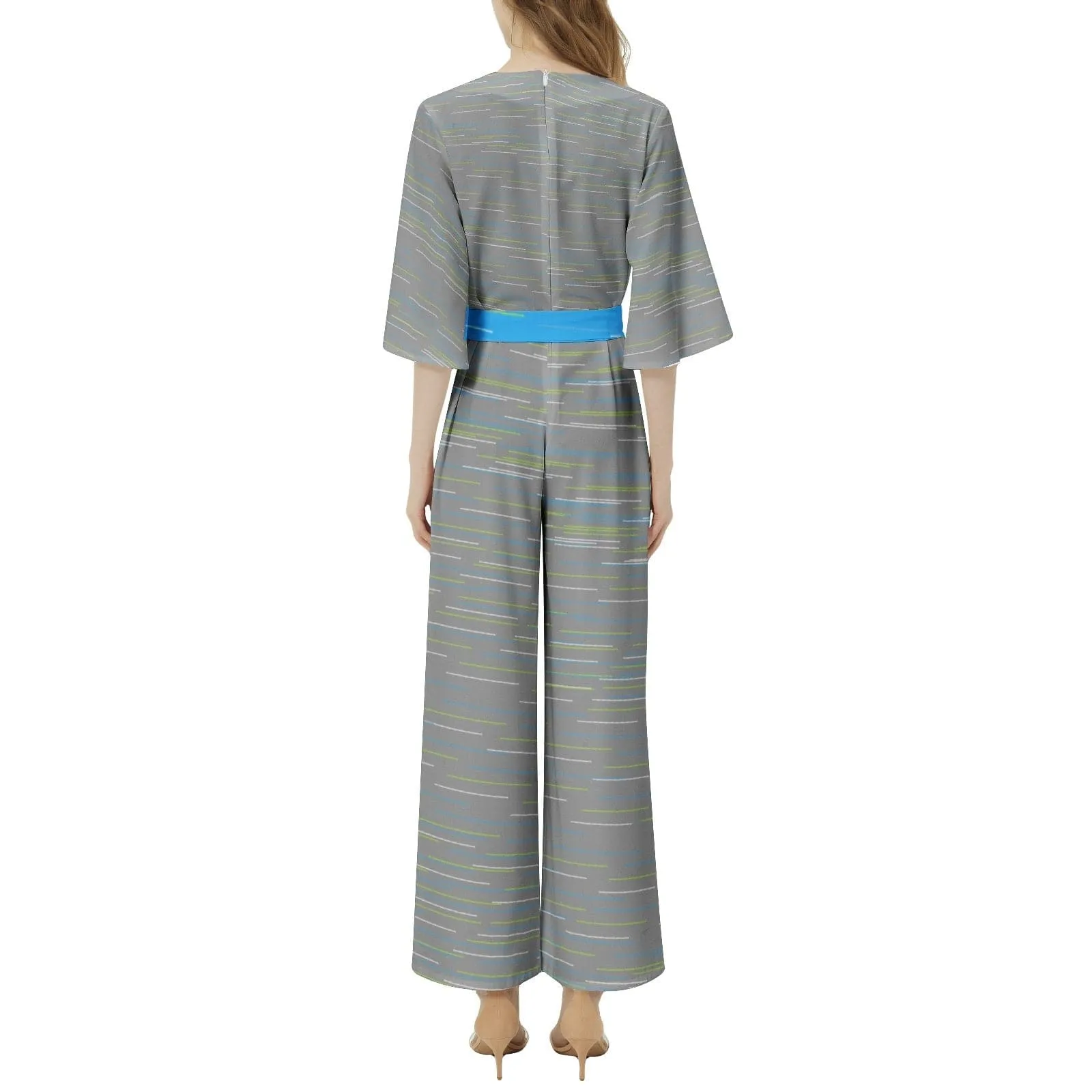 Linear Dolman Sleeve Belted Wide Leg Jumpsuit