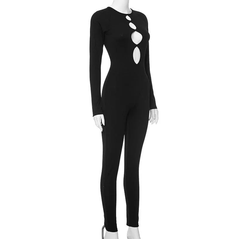 Long sleeve crewneck hollow out ribbed jumpsuit