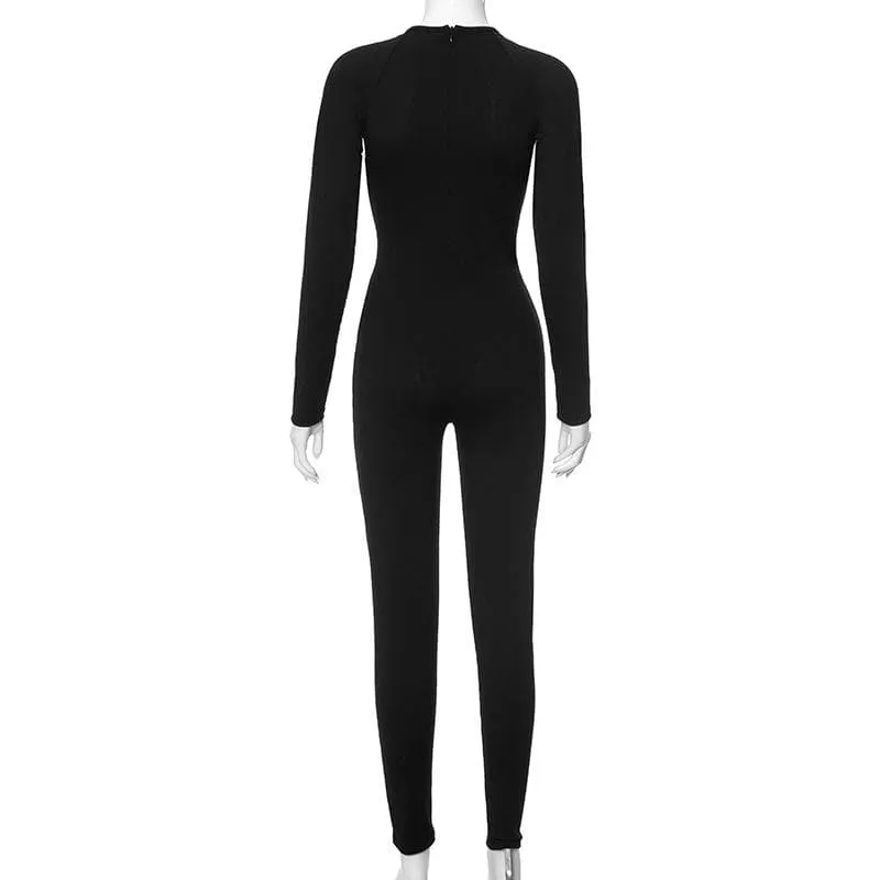 Long sleeve crewneck hollow out ribbed jumpsuit