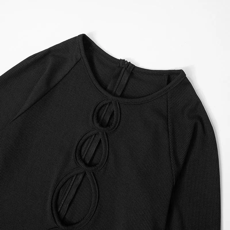 Long sleeve crewneck hollow out ribbed jumpsuit