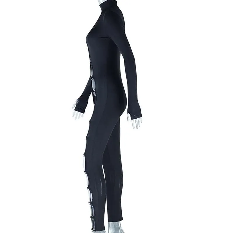 Long sleeve high neck o ring irregular jumpsuit