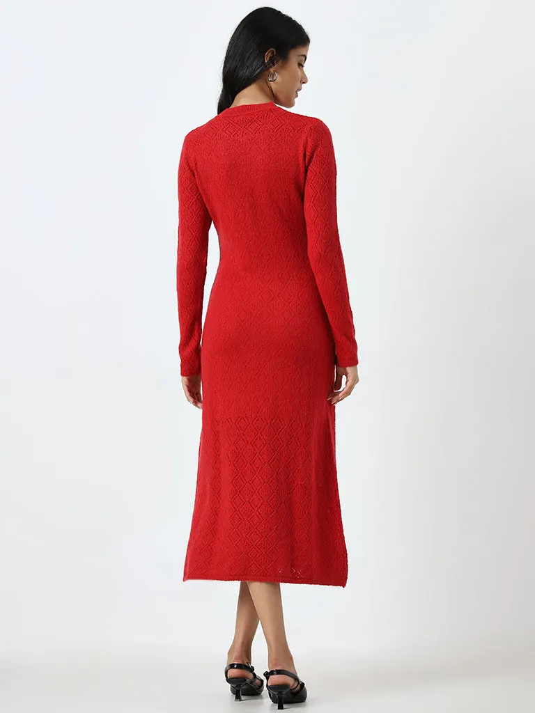 LOV Red Knit-Textured Straight Dress