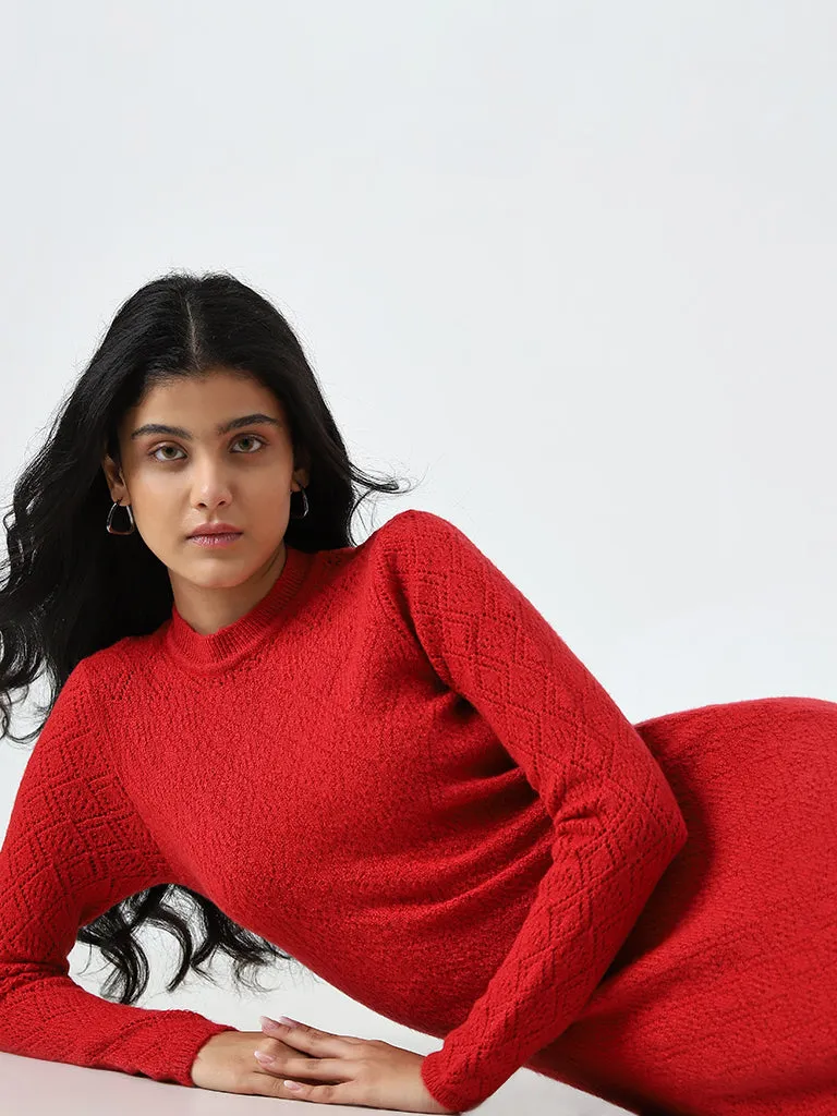 LOV Red Knit-Textured Straight Dress