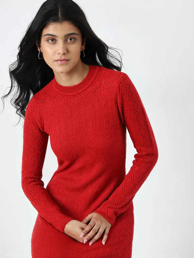 LOV Red Knit-Textured Straight Dress