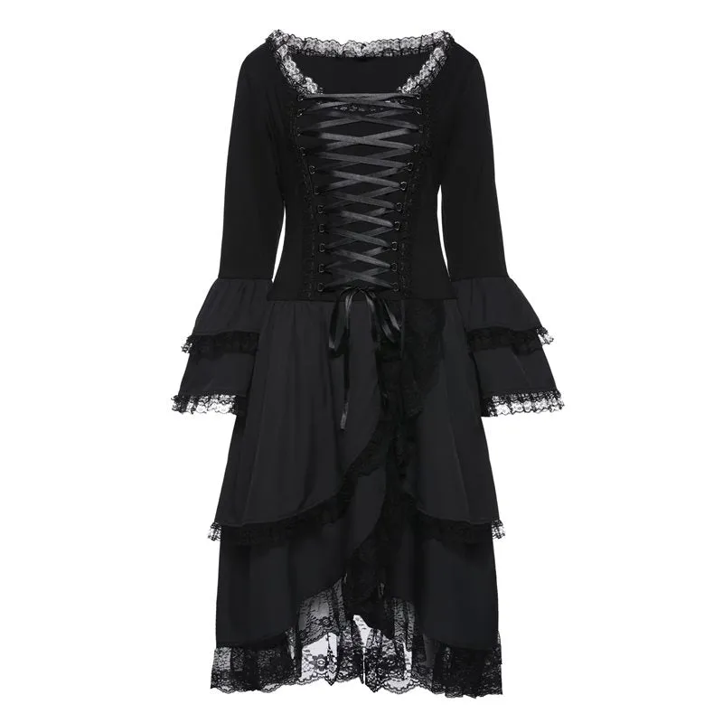 Midi Casual Elegant Lady Gothic Ruffle Sleeve Dress