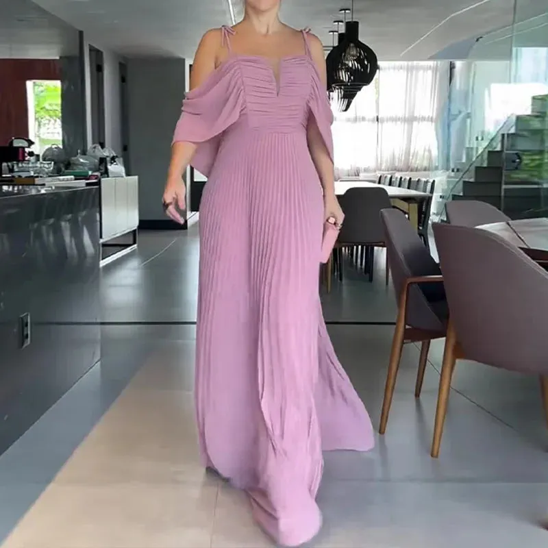 Off Shoulder Suspender Maxi Shawl Sleeve Evening Fashion Draped Pleat Party Elegant Luxury Dress