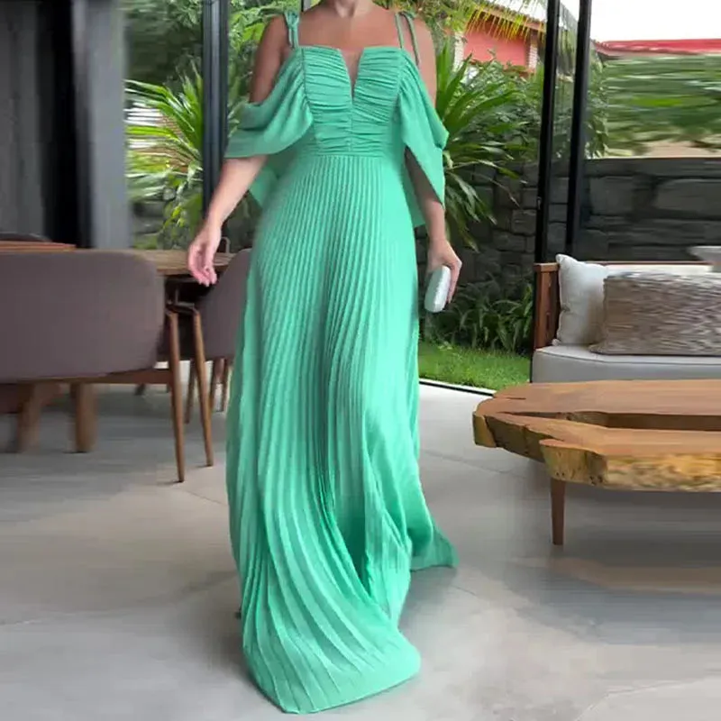 Off Shoulder Suspender Maxi Shawl Sleeve Evening Fashion Draped Pleat Party Elegant Luxury Dress