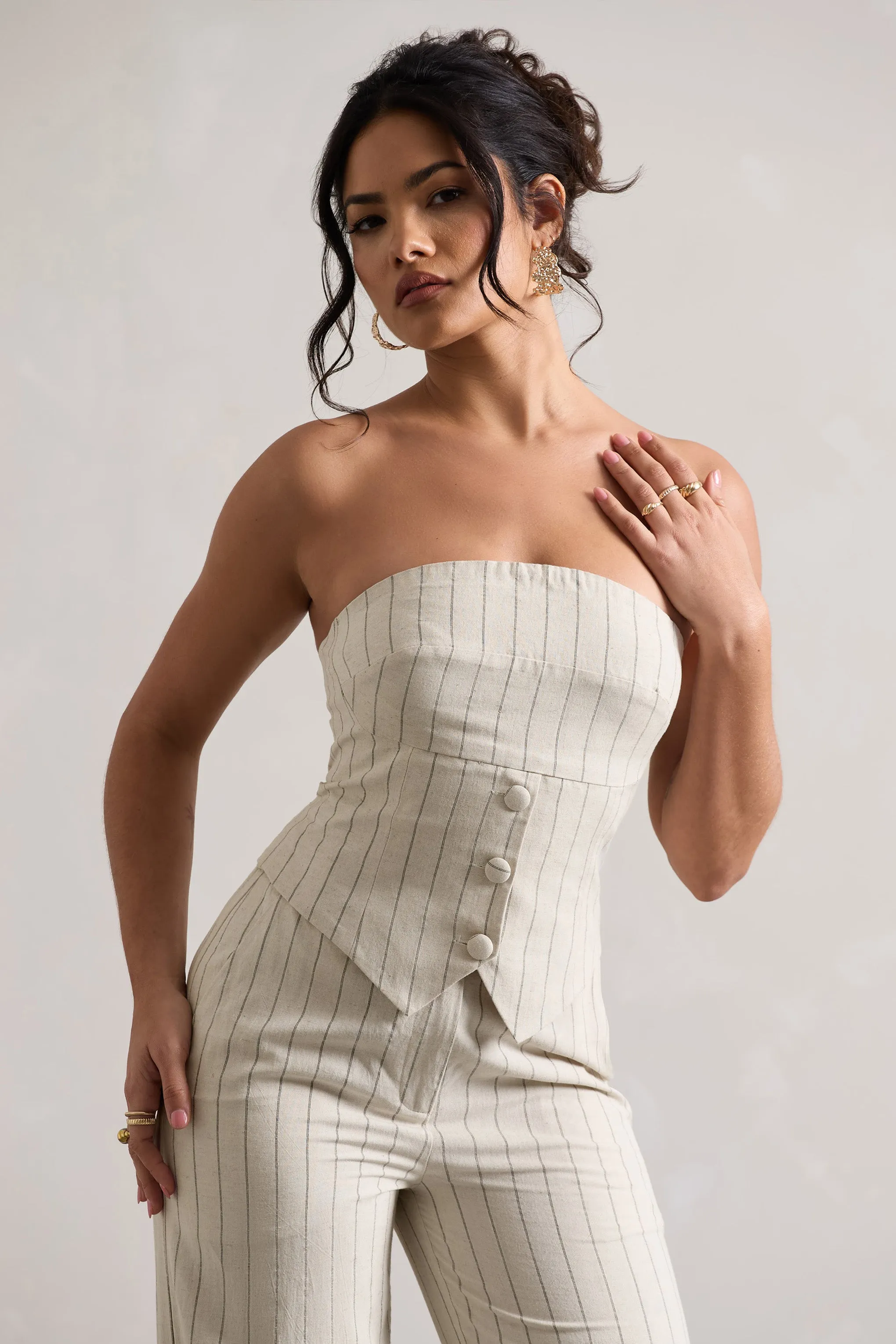 On Time | Beige Pinstripe Tailored Bandeau Top