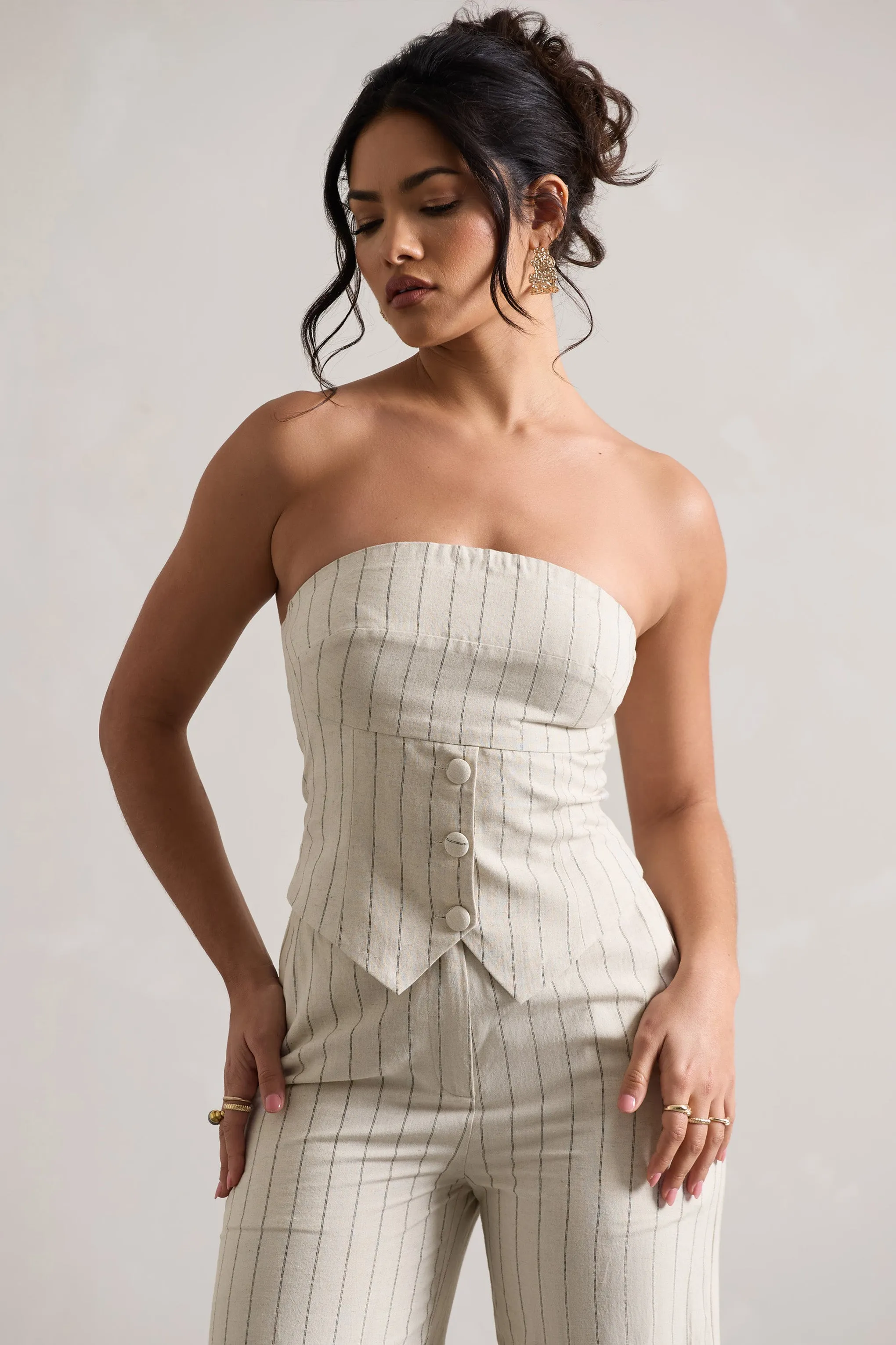 On Time | Beige Pinstripe Tailored Bandeau Top