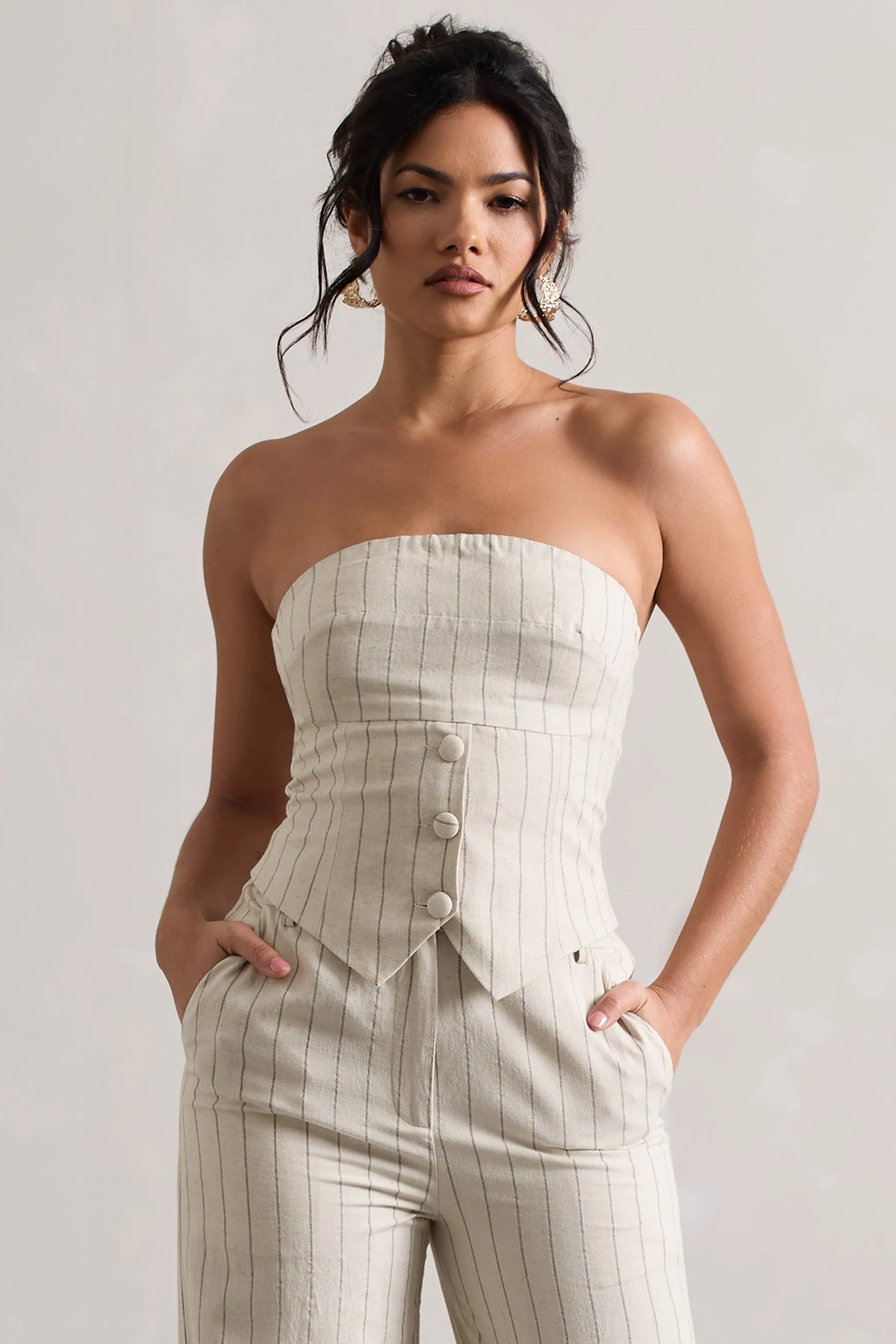 On Time | Beige Pinstripe Tailored Bandeau Top