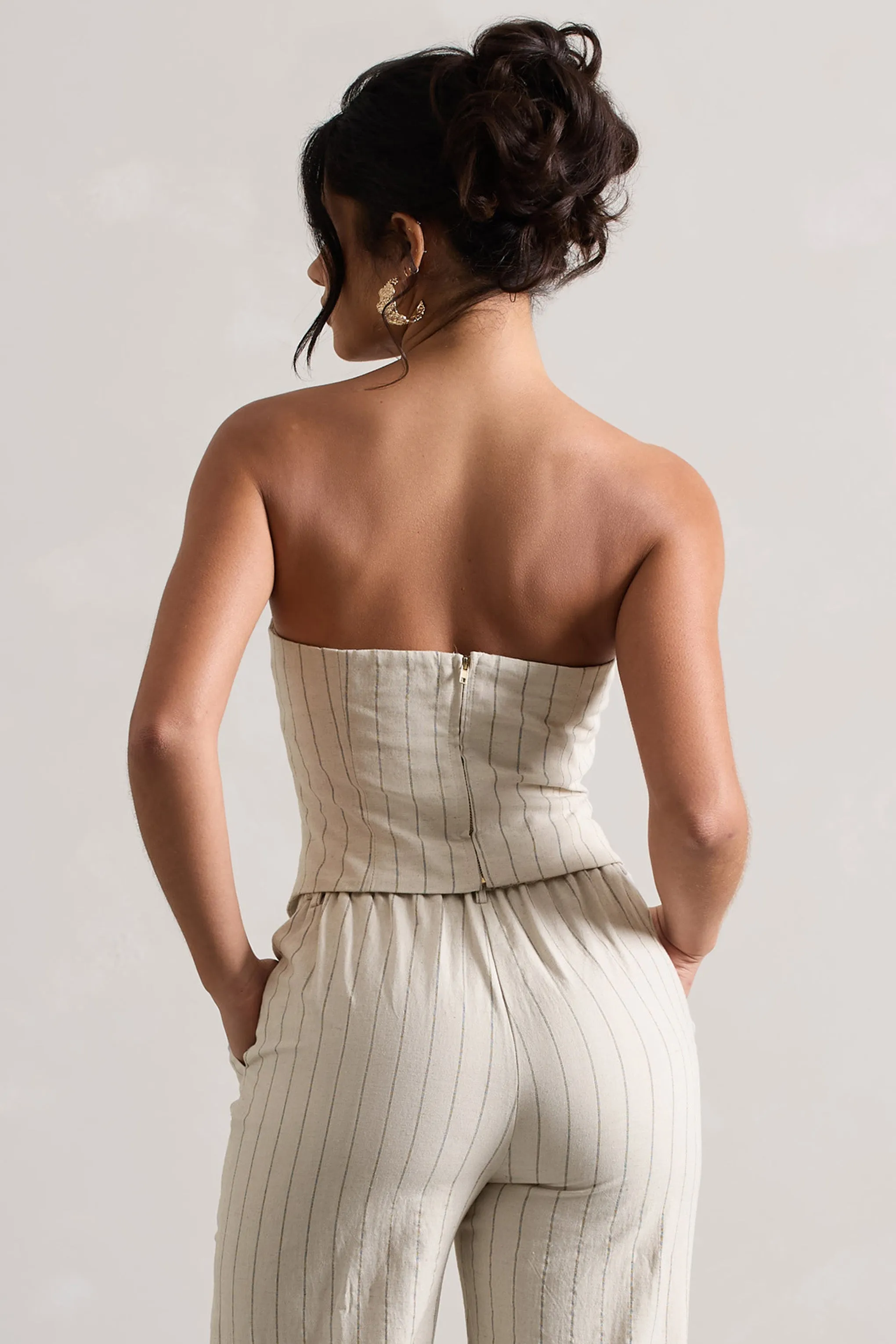 On Time | Beige Pinstripe Tailored Bandeau Top