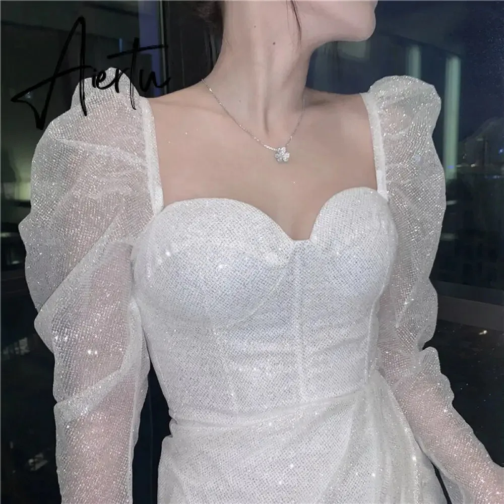 Party Club Evening Dresses Women Vestido De Mujer Fall Elegant Korean Spring Long Sleeve Sqaure Collar Woman Dress Mini
