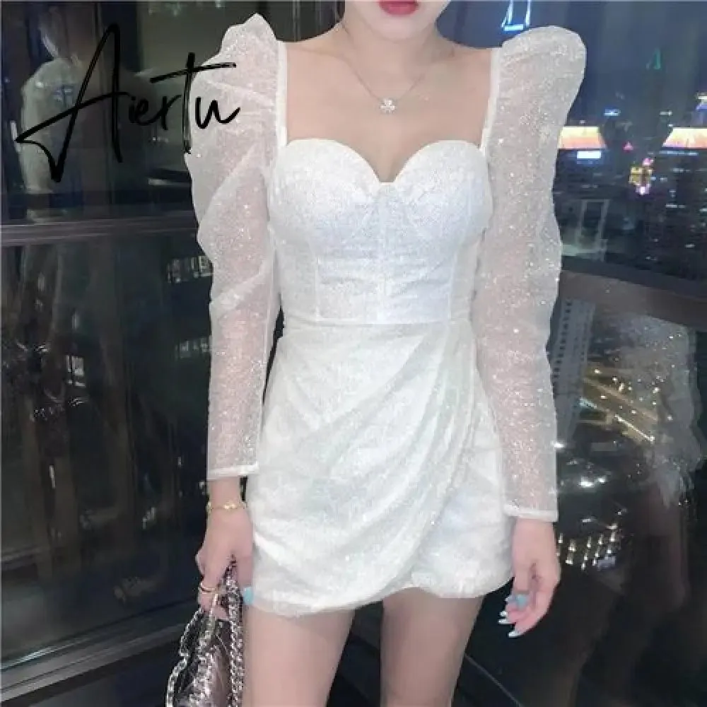 Party Club Evening Dresses Women Vestido De Mujer Fall Elegant Korean Spring Long Sleeve Sqaure Collar Woman Dress Mini