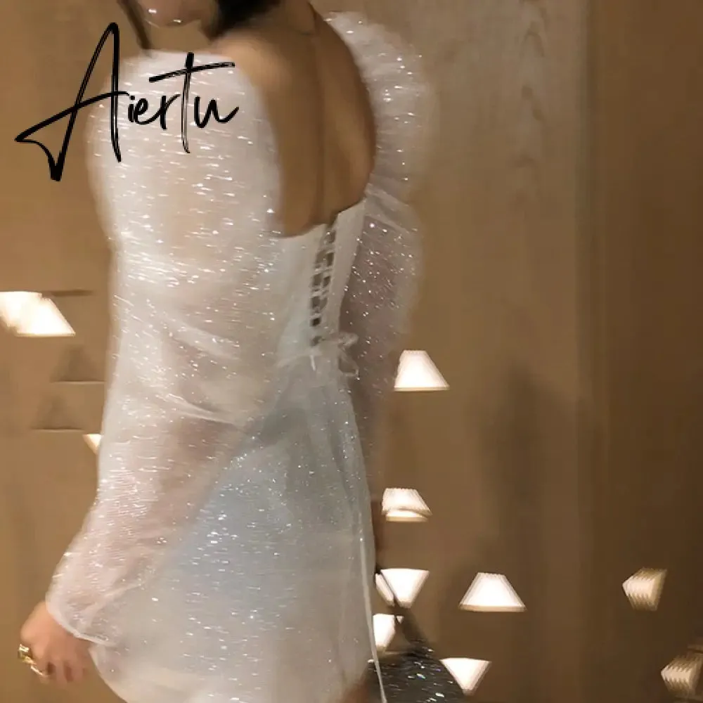 Party Club Evening Dresses Women Vestido De Mujer Fall Elegant Korean Spring Long Sleeve Sqaure Collar Woman Dress Mini