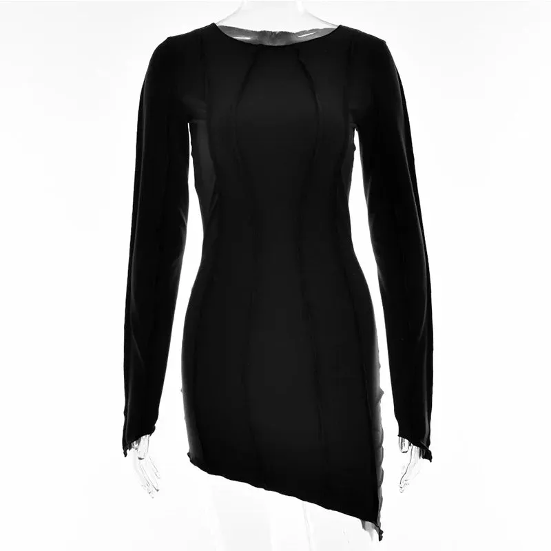 Patchwork O Neck Autumn Bodycon Long Sleeve Slim Fit Elegant Party Club Mini Dress