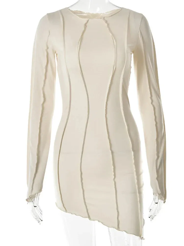 Patchwork O Neck Autumn Bodycon Long Sleeve Slim Fit Elegant Party Club Mini Dress