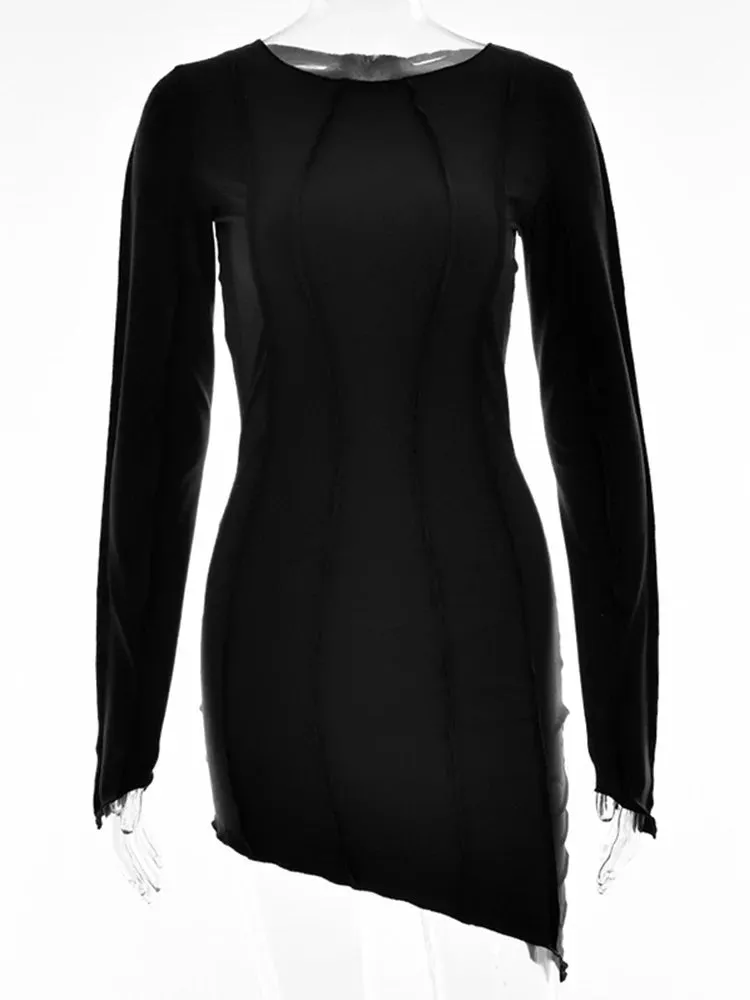 Patchwork O Neck Autumn Bodycon Long Sleeve Slim Fit Elegant Party Club Mini Dress