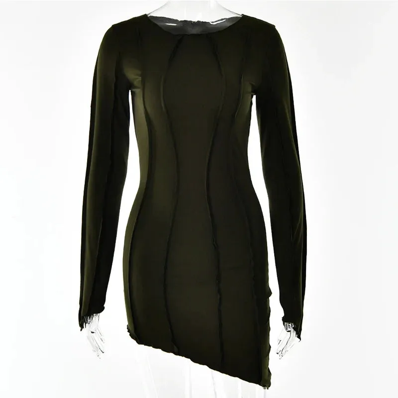 Patchwork O Neck Autumn Bodycon Long Sleeve Slim Fit Elegant Party Club Mini Dress