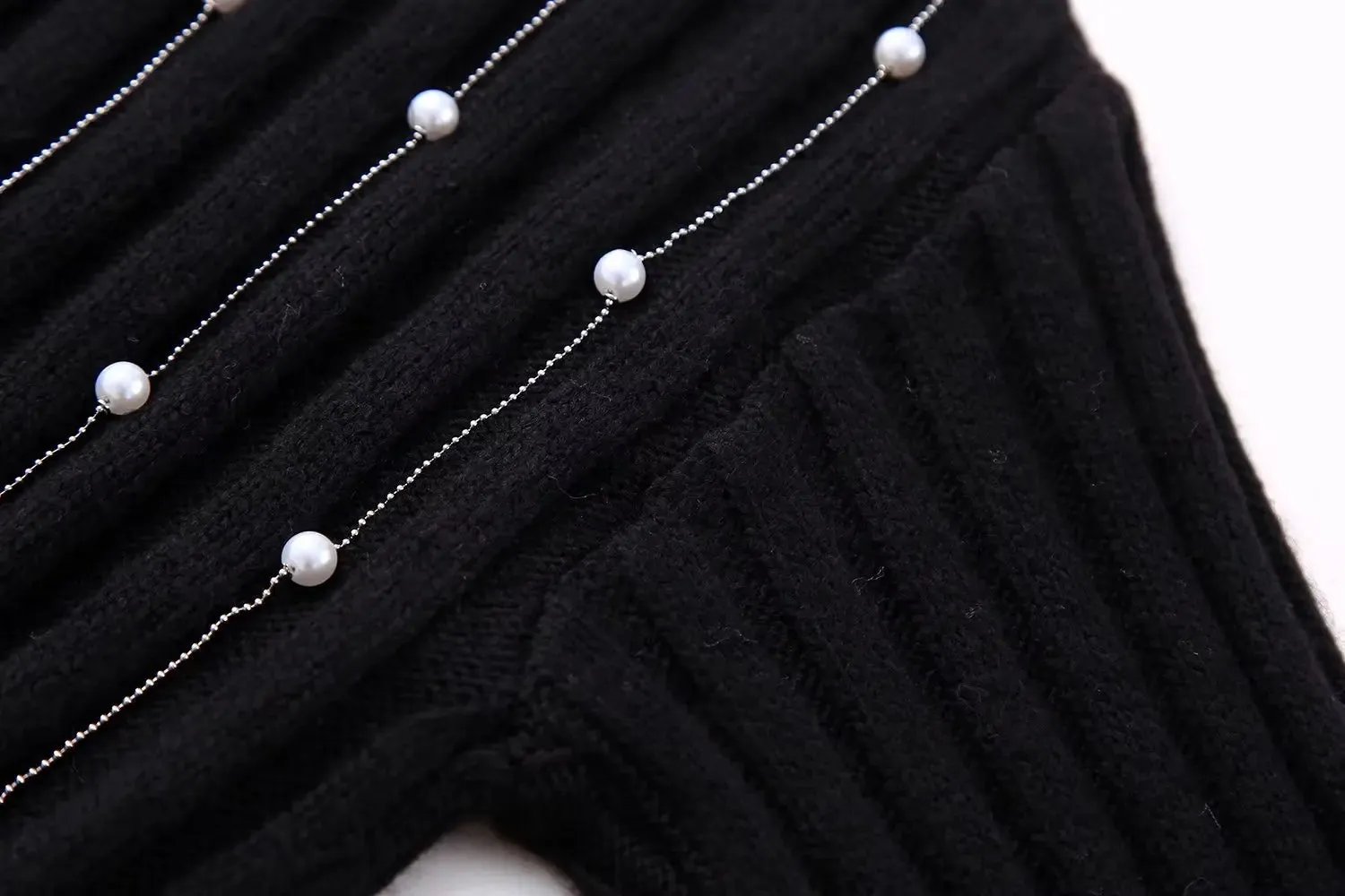 Pre Order:  Knitted Black Faux-Pearls Tassels Sweater