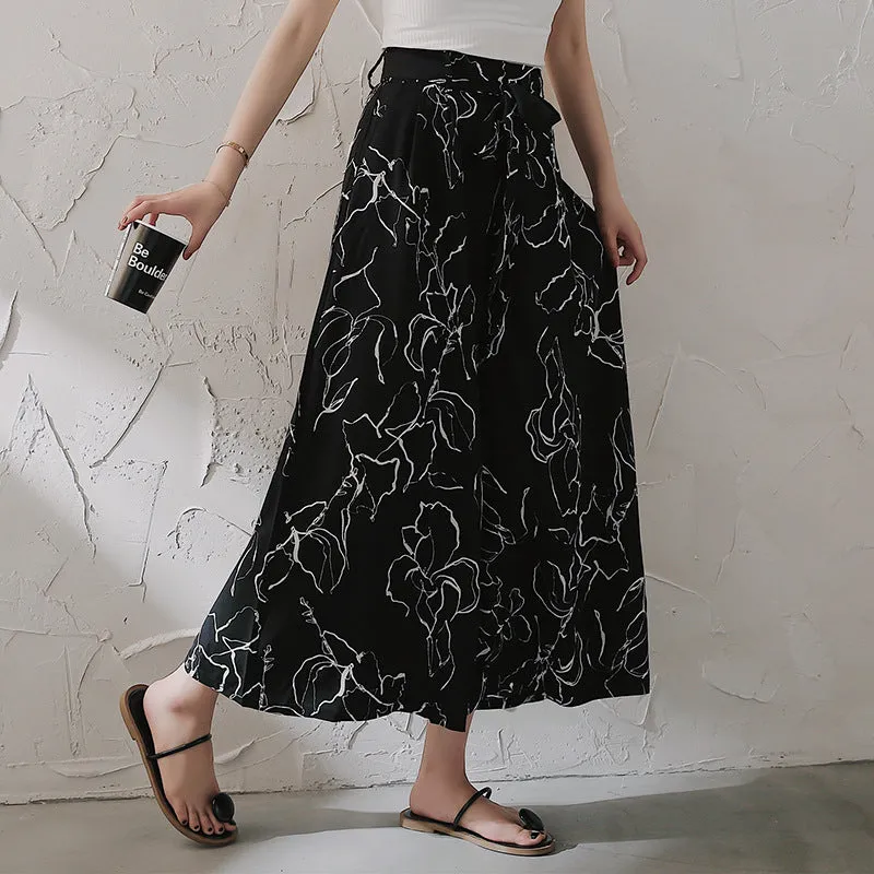 Printed Chiffon Wide Leg Pants Women Summer Korean Casual High Waist Drape Loose Ankle-Length Culottes