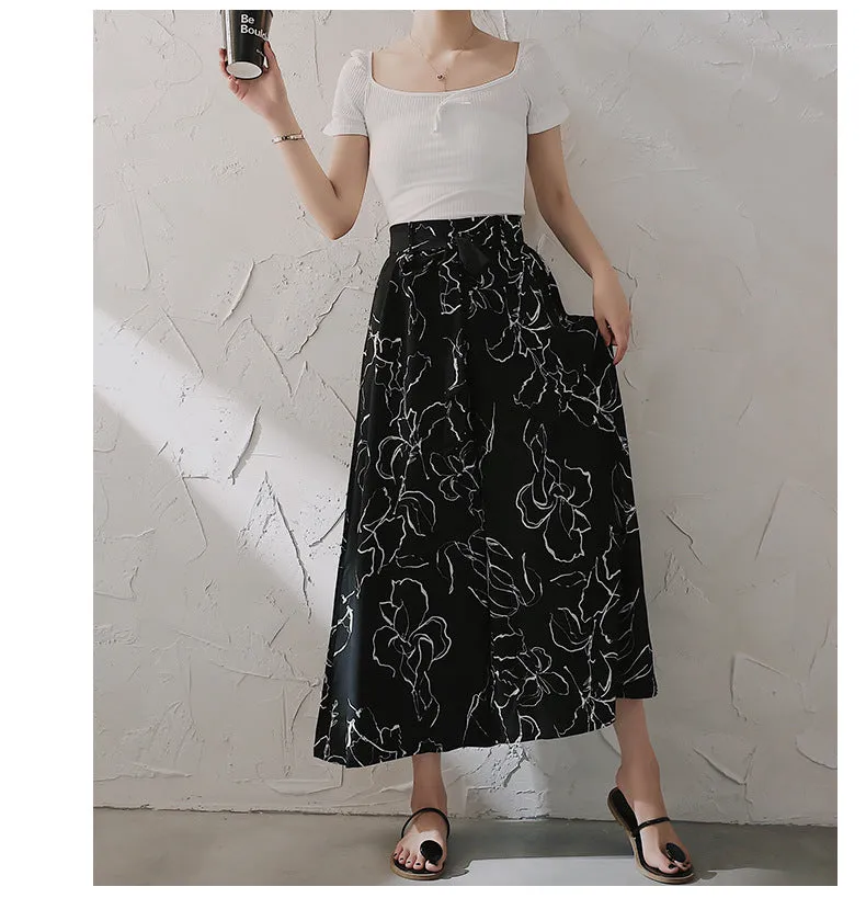 Printed Chiffon Wide Leg Pants Women Summer Korean Casual High Waist Drape Loose Ankle-Length Culottes