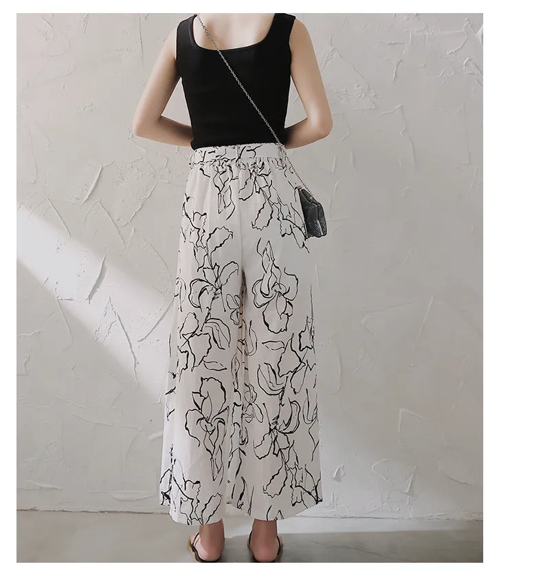 Printed Chiffon Wide Leg Pants Women Summer Korean Casual High Waist Drape Loose Ankle-Length Culottes