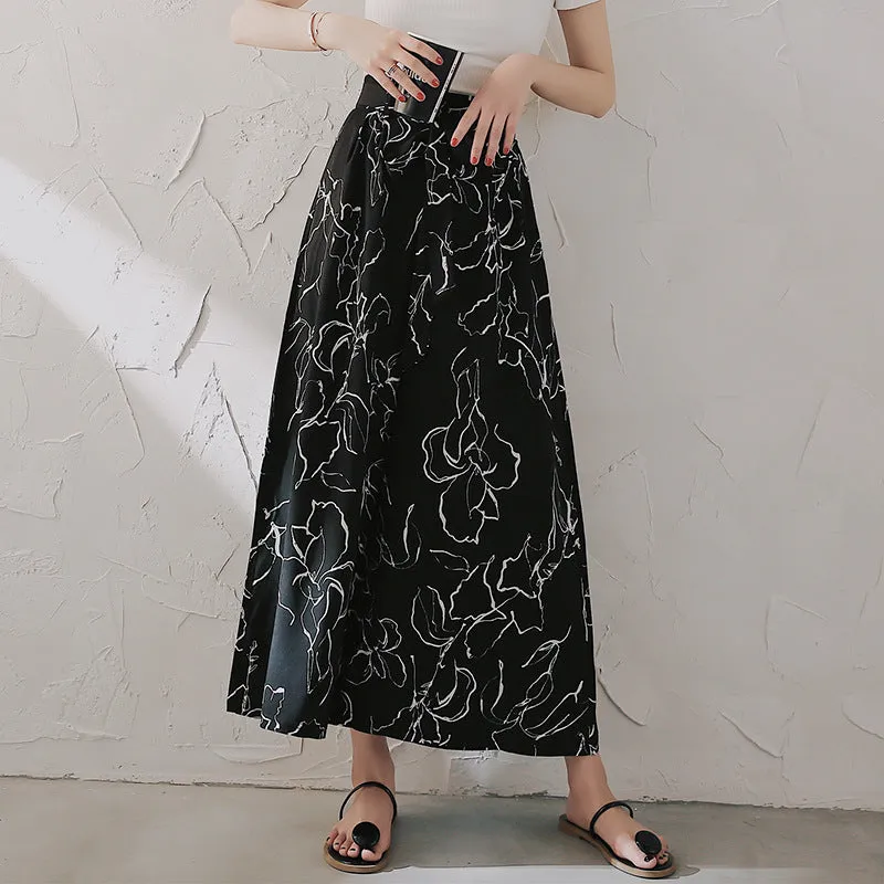 Printed Chiffon Wide Leg Pants Women Summer Korean Casual High Waist Drape Loose Ankle-Length Culottes