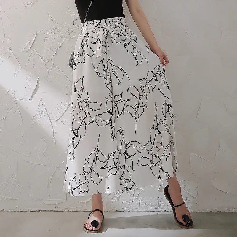 Printed Chiffon Wide Leg Pants Women Summer Korean Casual High Waist Drape Loose Ankle-Length Culottes