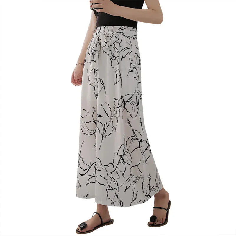 Printed Chiffon Wide Leg Pants Women Summer Korean Casual High Waist Drape Loose Ankle-Length Culottes