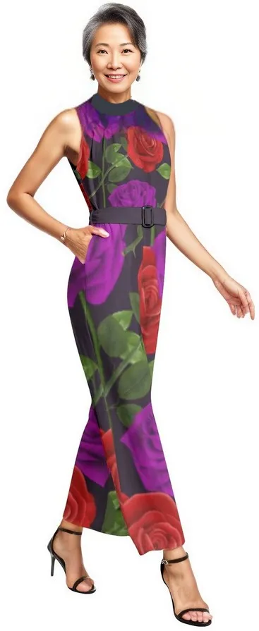 Red Rose Purp Halter Neck Buckle Belted Jumpsuit