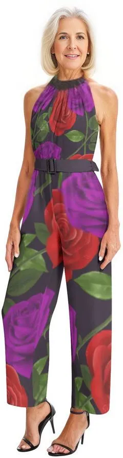 Red Rose Purp Halter Neck Buckle Belted Jumpsuit